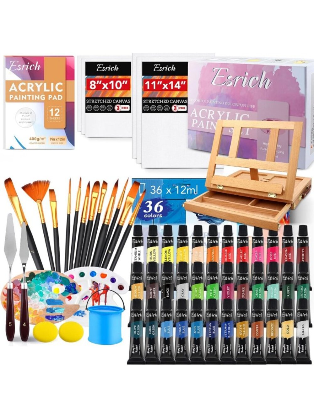 74 PCS Acrylic Paint Set for Adults with Beech Wood Easel - Art Supplies Kit